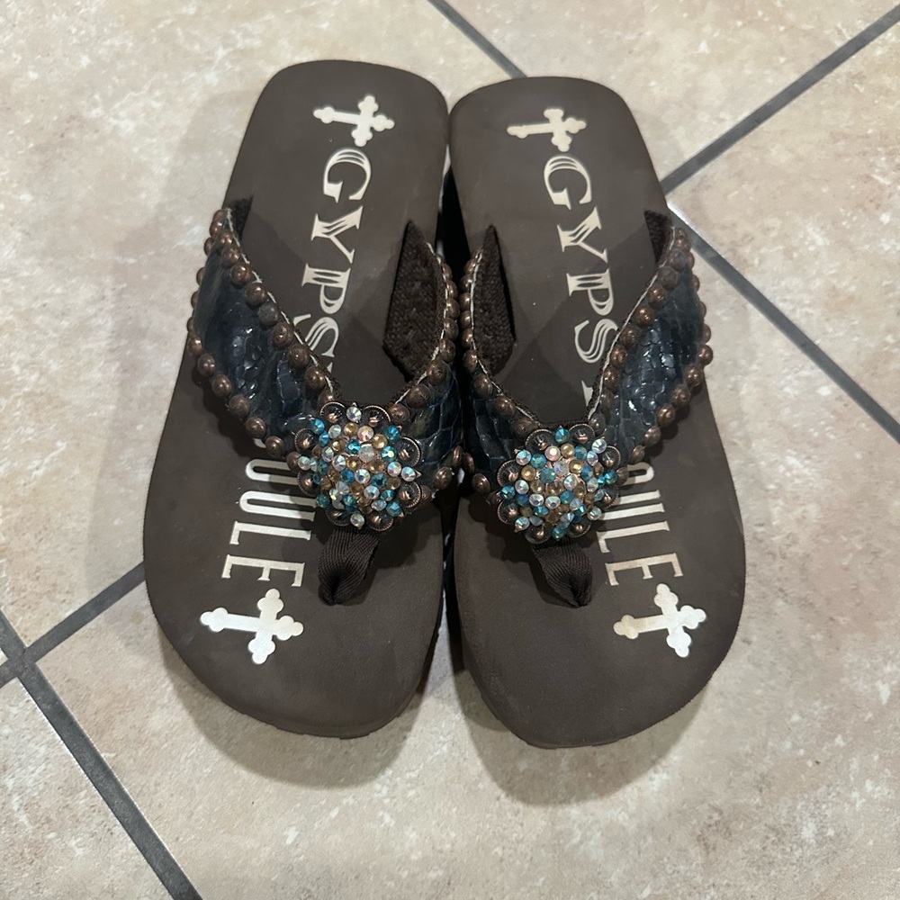 Women's Brown Sandals with Blue Accents